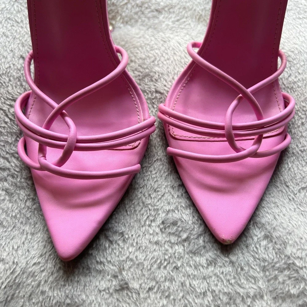 Public Desire Pink Strappy Pointed Toe Gold Stiletto Heel Sandals Womens Size 6 - Picture 4 of 6